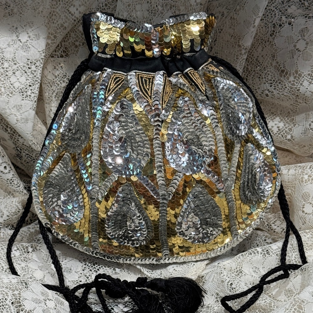 Reticule Sequin Drawstring Bag with silk interior Vintage Elegant handbag